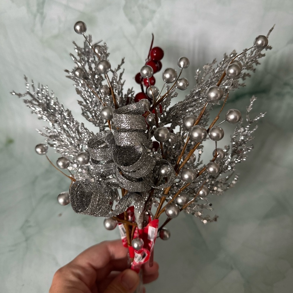 Silver Glitter Christmas Pick Red Berries NWT